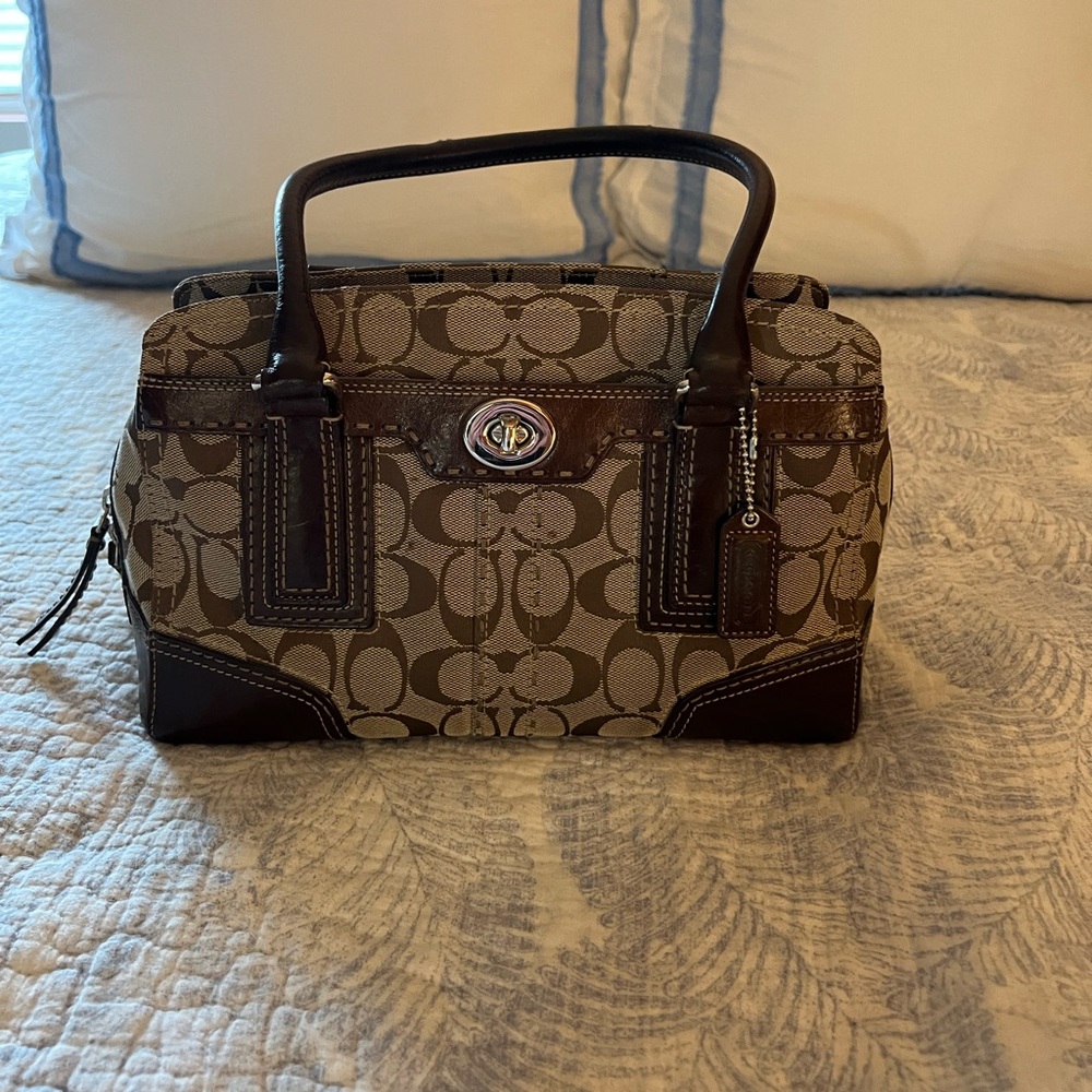 90s Y2K Vintage Coach Hampton Brown Signature Logo Print Satchel Tote Bag